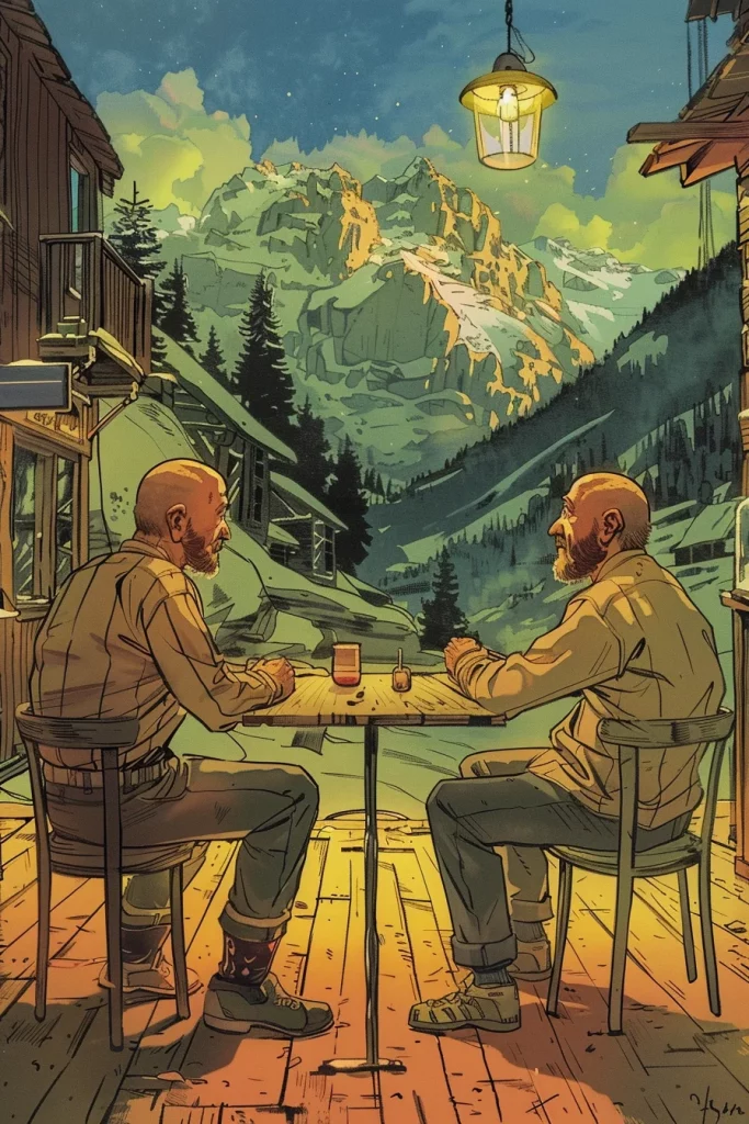 Manejo efectivo de objeciones con la técnica del reflejo, dos personas muy parecidas en un bar de montañas se miran.